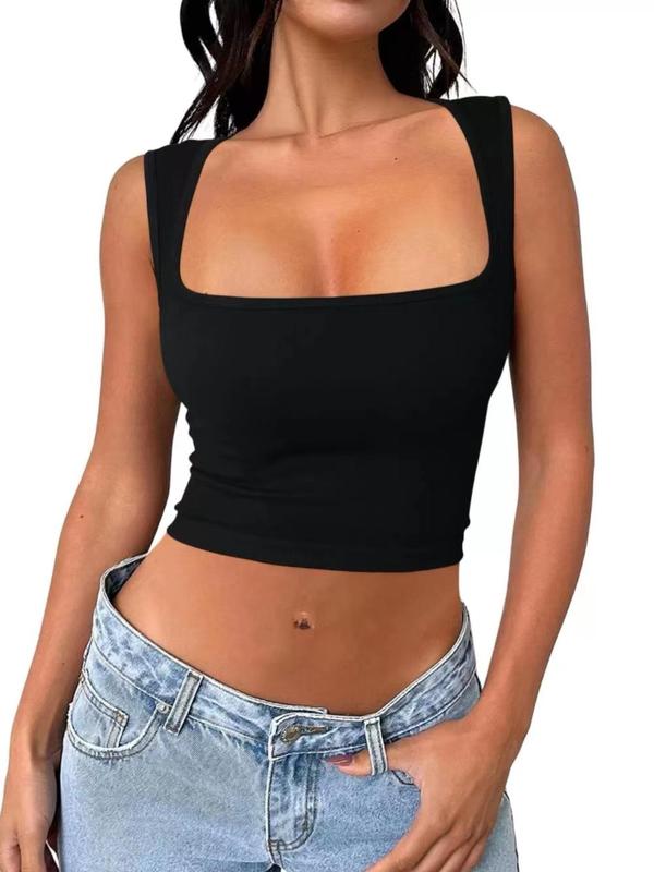 Solid Square Neck Sports Vest, Tank Tops for Women, Casual Comfy Workout Tops, Breathable Sleeveless Crop Top for Yoga Gym Workout, Running Vest, Ladies Sportswear Clothing for All Seasons, Fall Outfits, Fallfreshness Tank Tops For Men